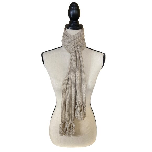 Talbots Metallic Knit Scarf With Knotted Tassel Ends Beige Gold Minimalist - Picture 1 of 9